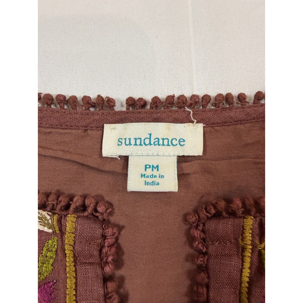 Sundance Brown Embroidered Linen Bird Floral Peasant Blouse PM Boho Fringe Top - Picture 6 of 11